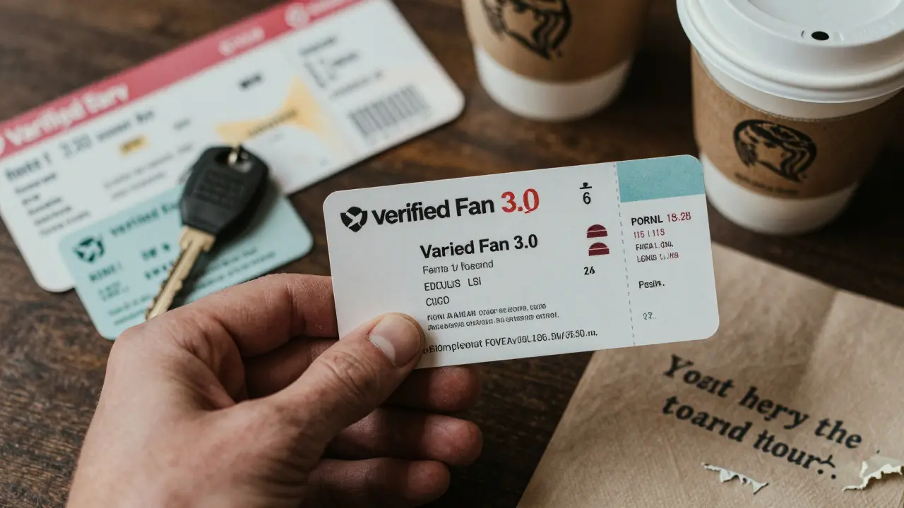 A personal collection of concert memorabilia including a Verified Fan ticket, boarding pass, and lyric tattoo.