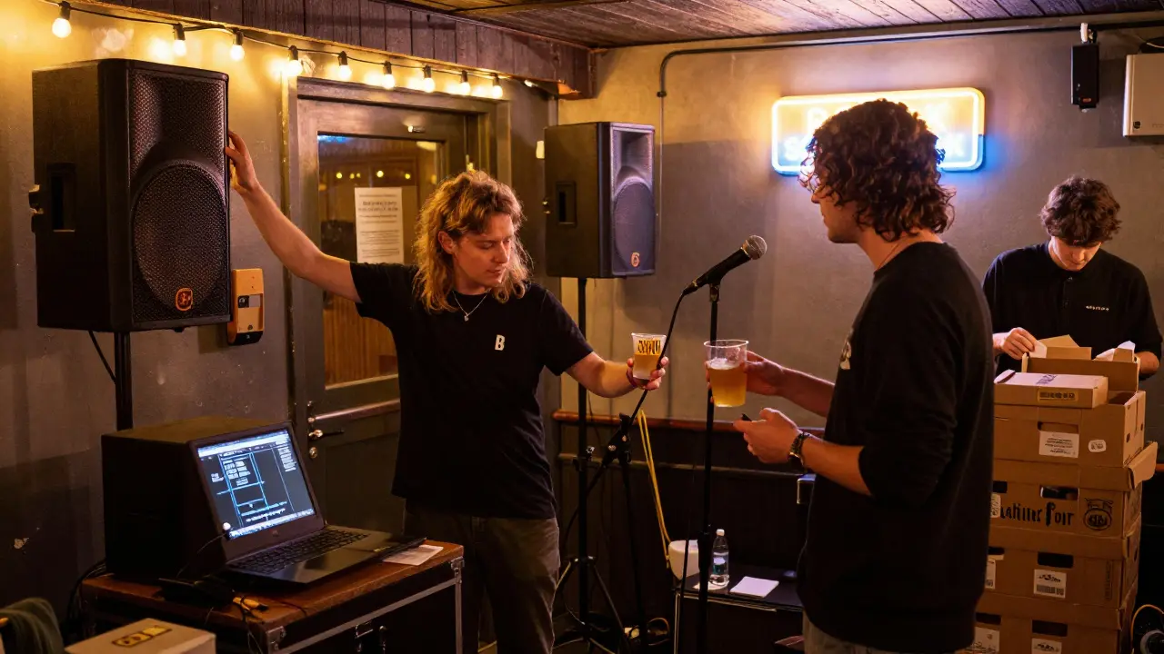 A small UK venue owner managing tickets, sound, and merch while a local engineer adjusts equipment for a live show.