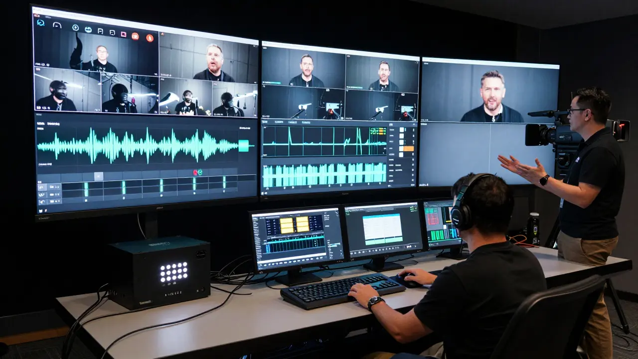 A technical crew monitoring multiple video feeds and audio levels in a live concert streaming control room.