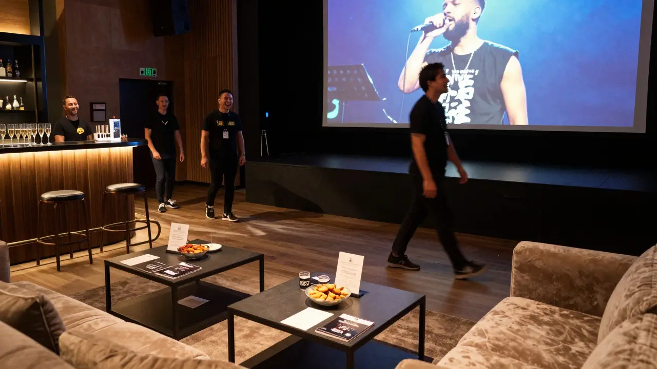 A VIP lounge near the stage with couches, a bar, and a live video feed of the performance, guests relaxing quietly.