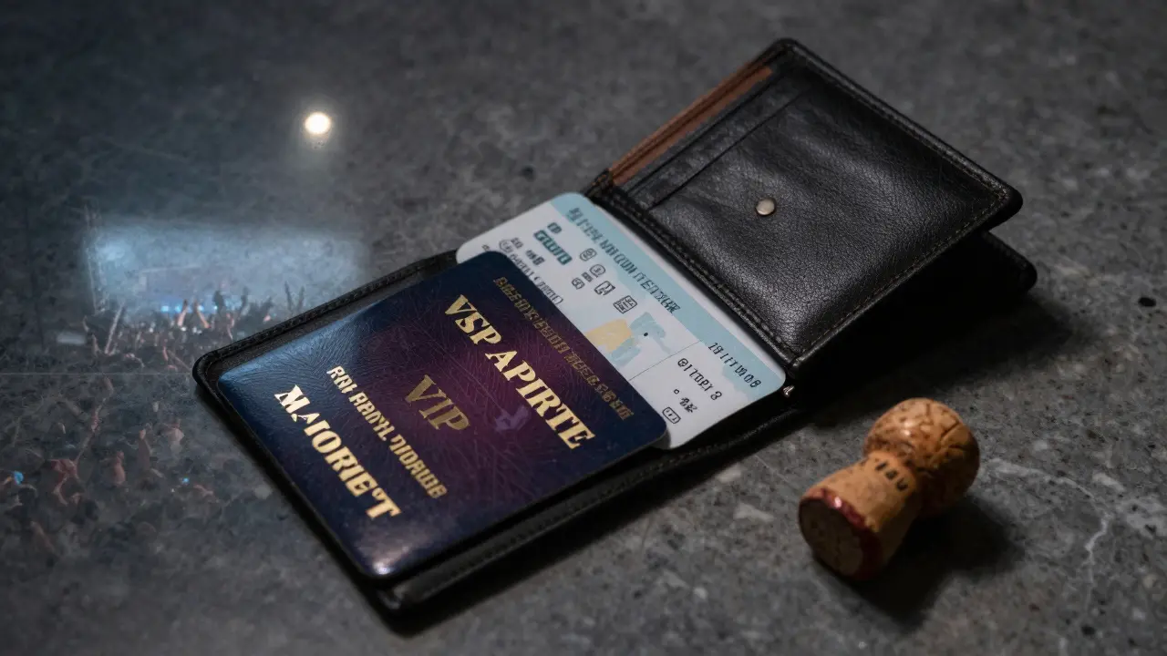 A wallet open on marble, showing a VIP pass, backstage card, and champagne cork beside a regular ticket.