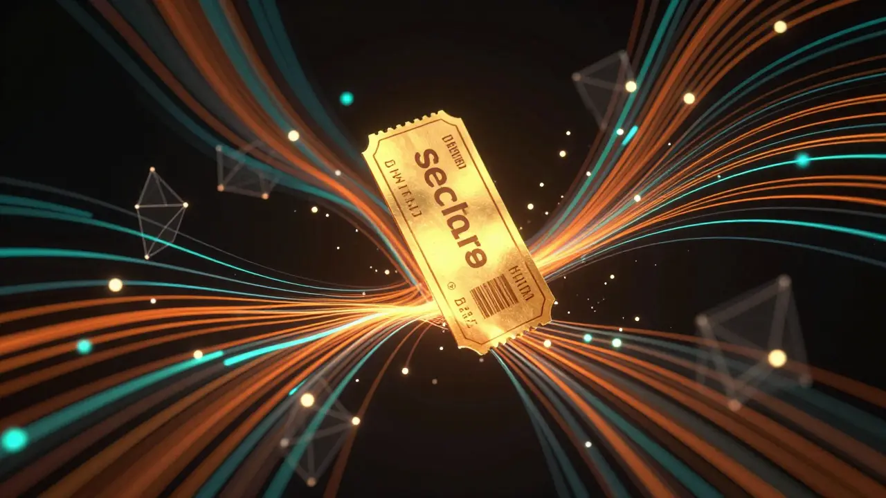 Abstract glowing data streams merging into a golden ticket stub