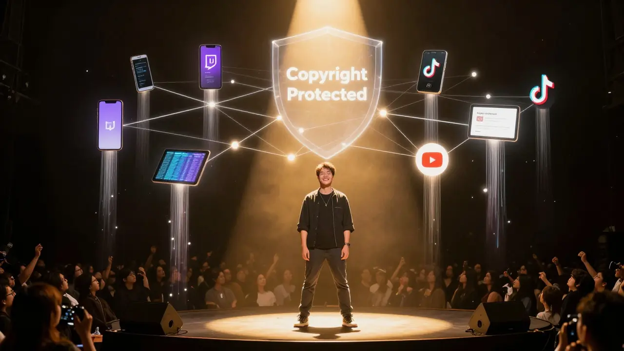 An artist on stage as digital streams rise into licensed platforms, with a copyright shield above the crowd.