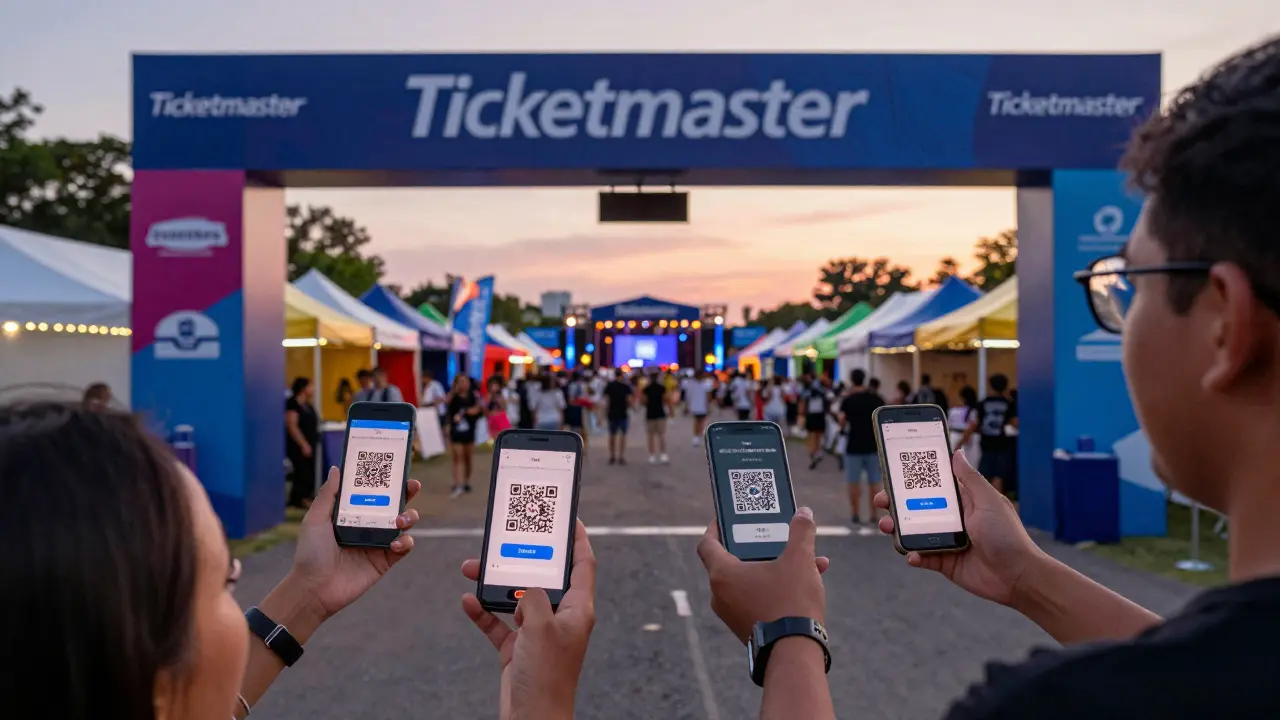 Attendees entering a music festival gate, scanning digital tickets while staff verify access.