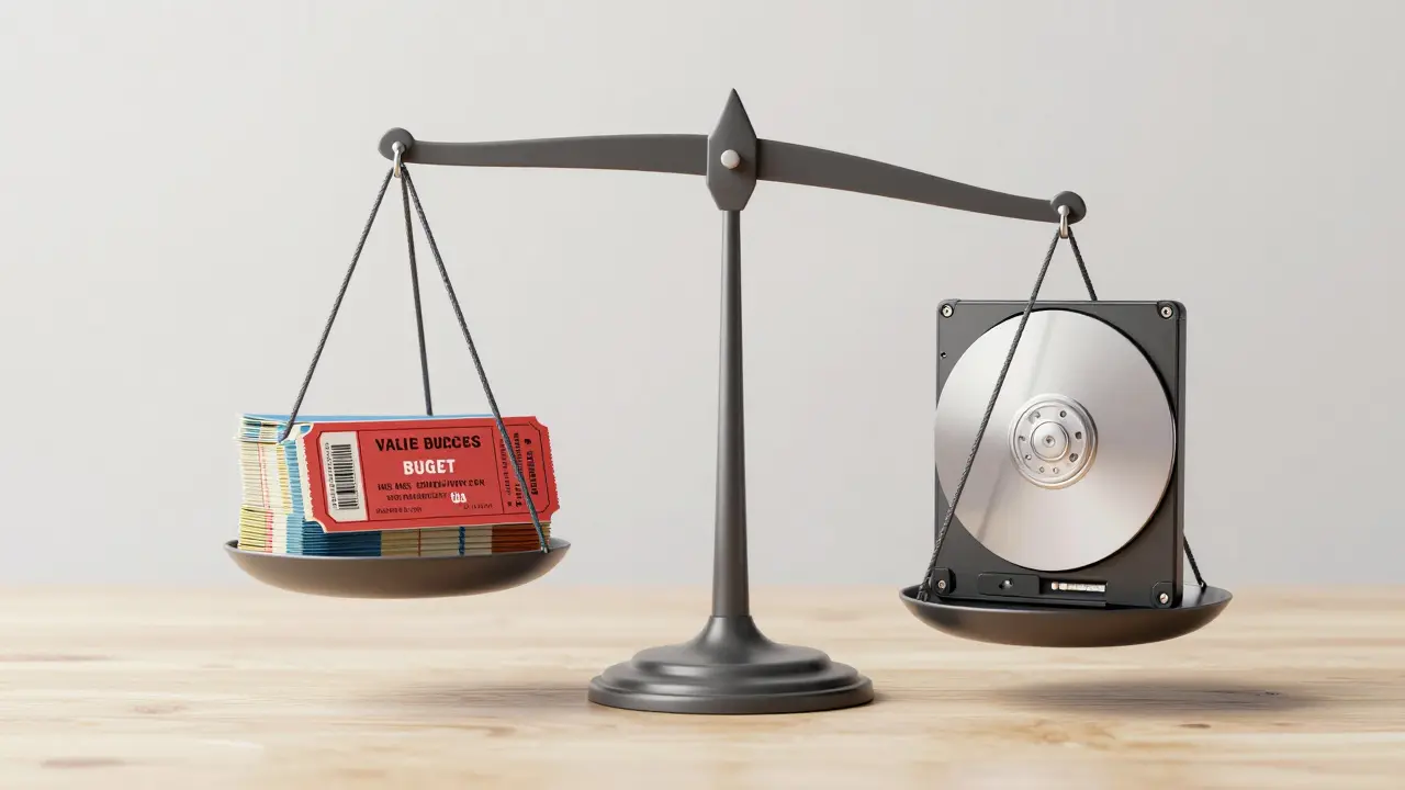 Balance scale with concert tickets on one side and a digital hard drive on the other.