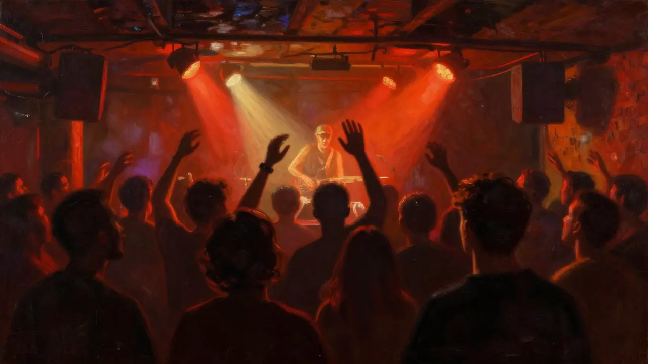 Close crowd at a small music venue with stage lights