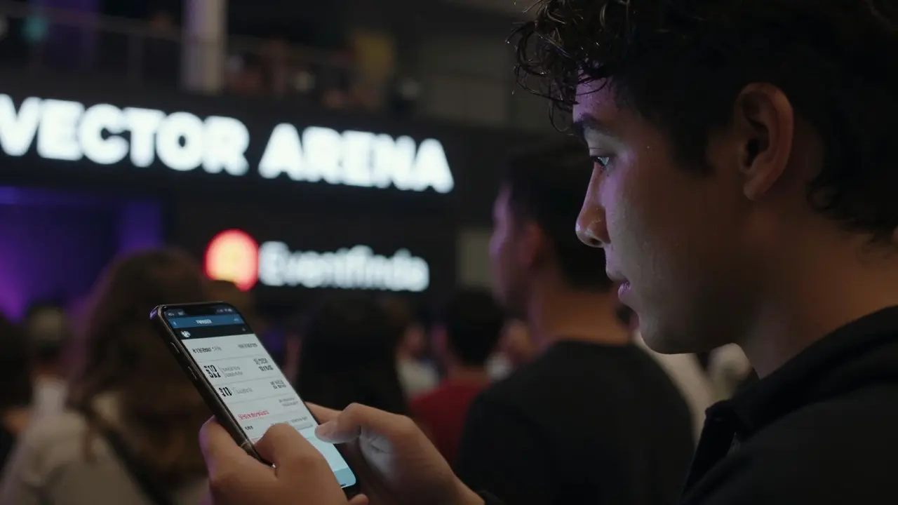Close-up of a concert ticket showing detailed fees, with a person checking prices on their phone near venue signs.