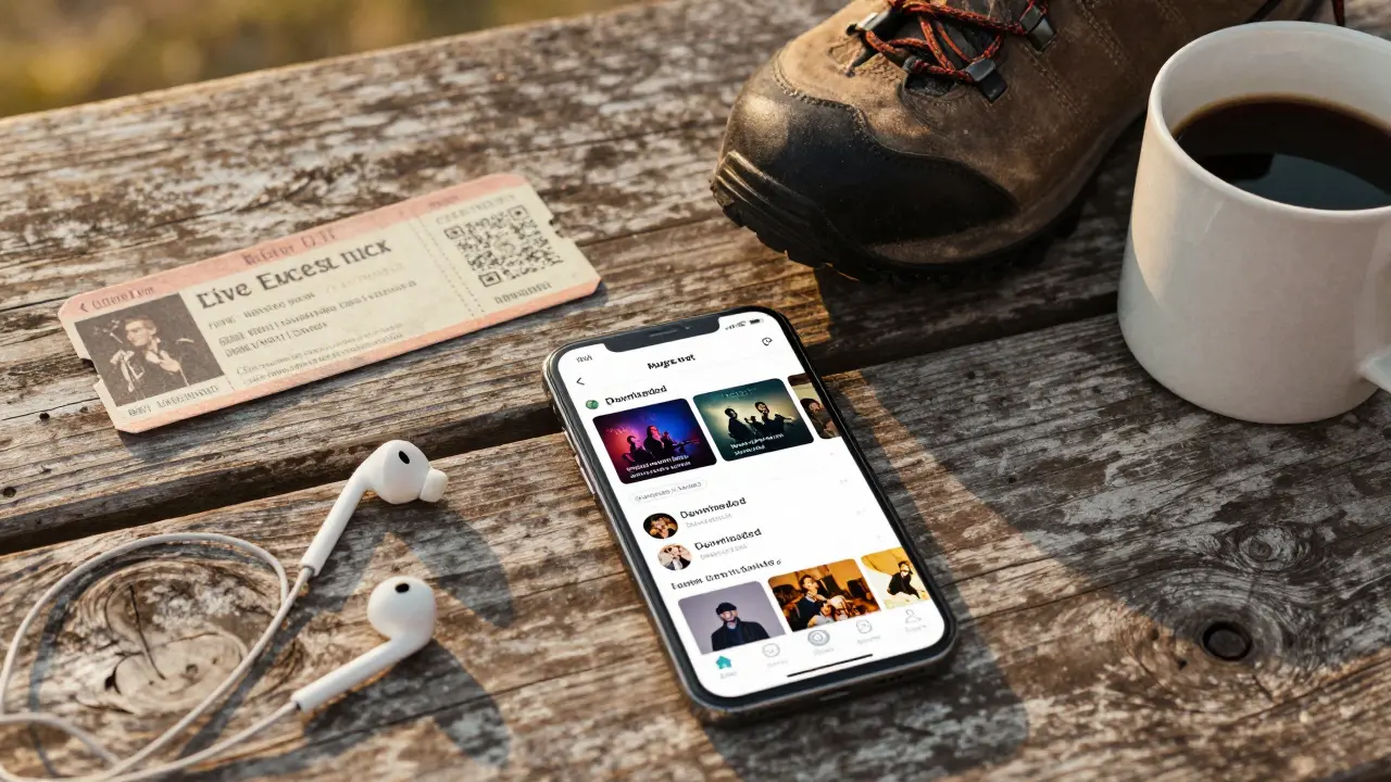 Collage of earbuds, concert ticket, and smartphone displaying downloaded live shows on a wooden table.