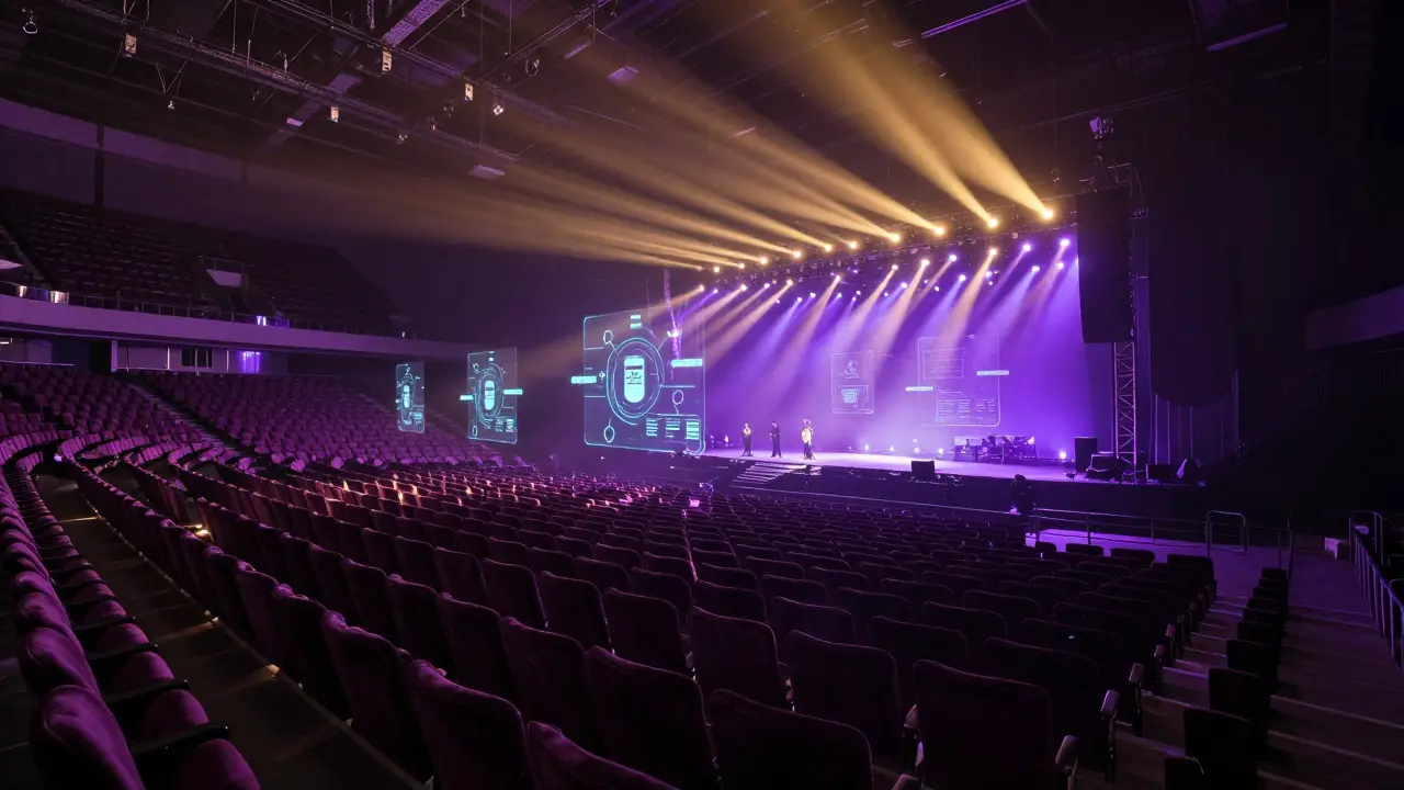 Concert arena with stage lights and floating digital nodes