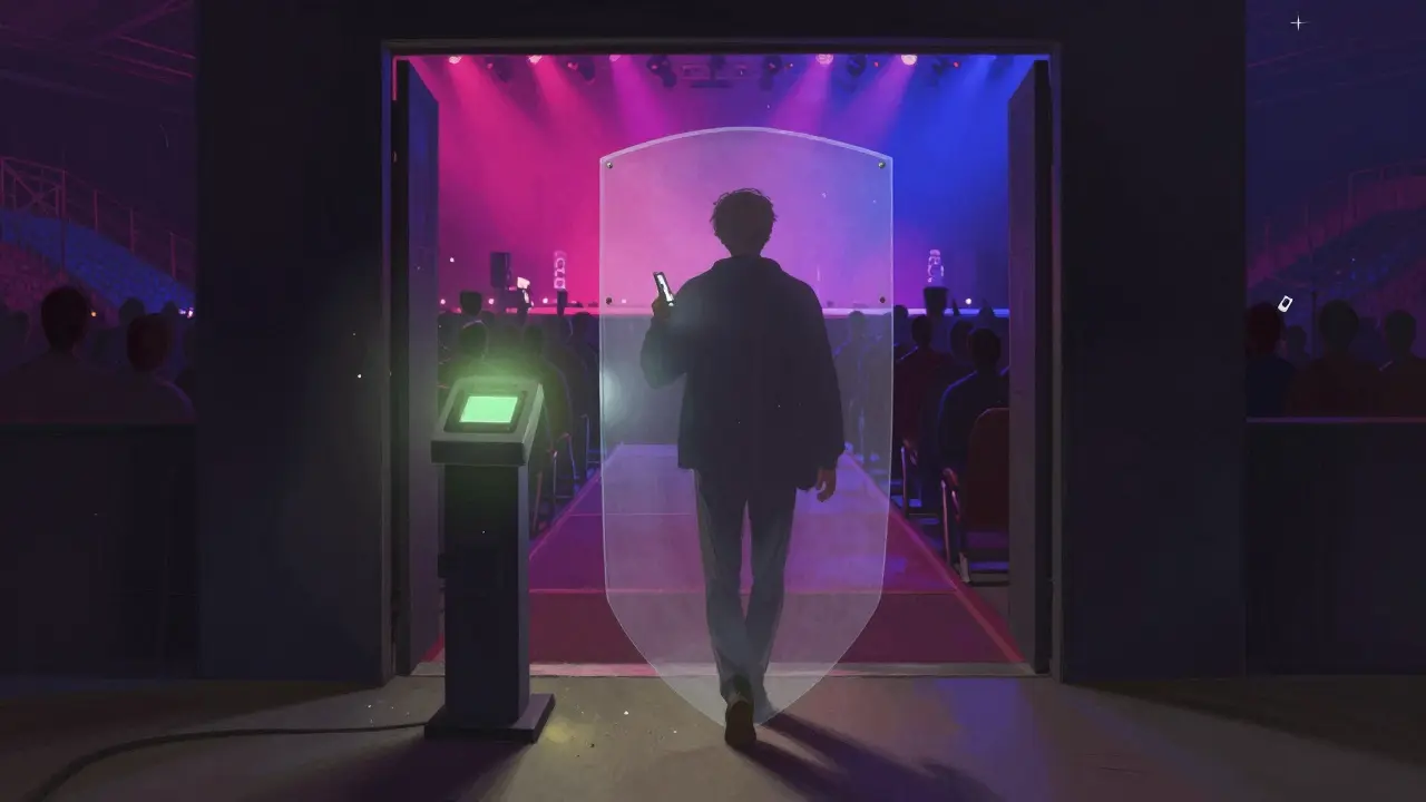 Concertgoer at arena entrance surrounded by subtle energy shield