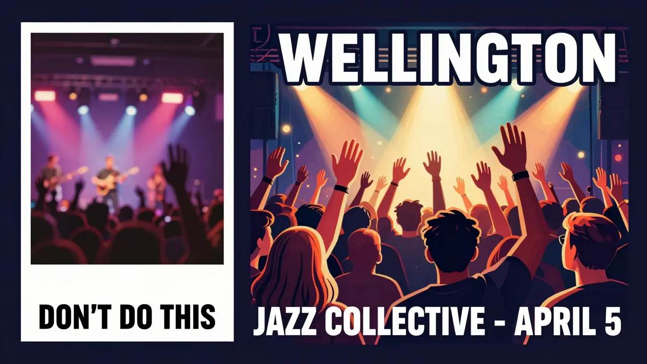 Contrasting concert visuals: blurry stock photo vs. vibrant, detailed event poster with band name and date.