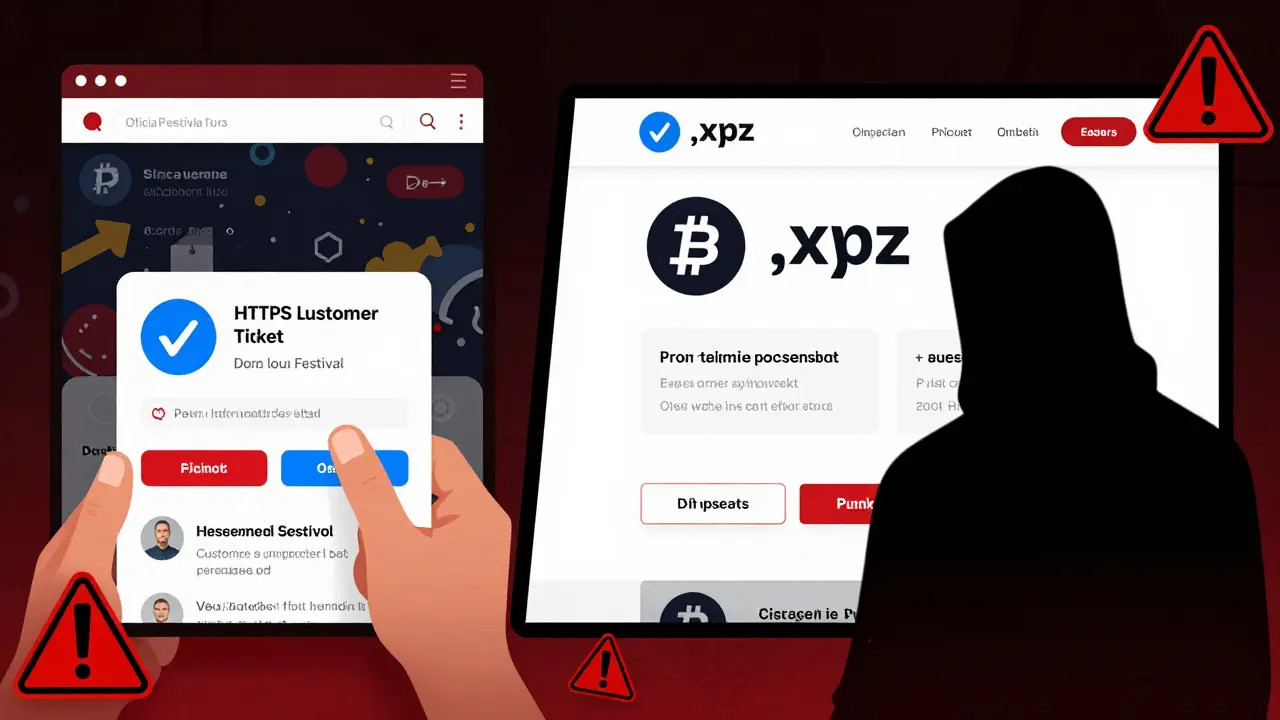 Contrasting image: safe official ticket purchase vs. risky fake website with crypto payment warning.