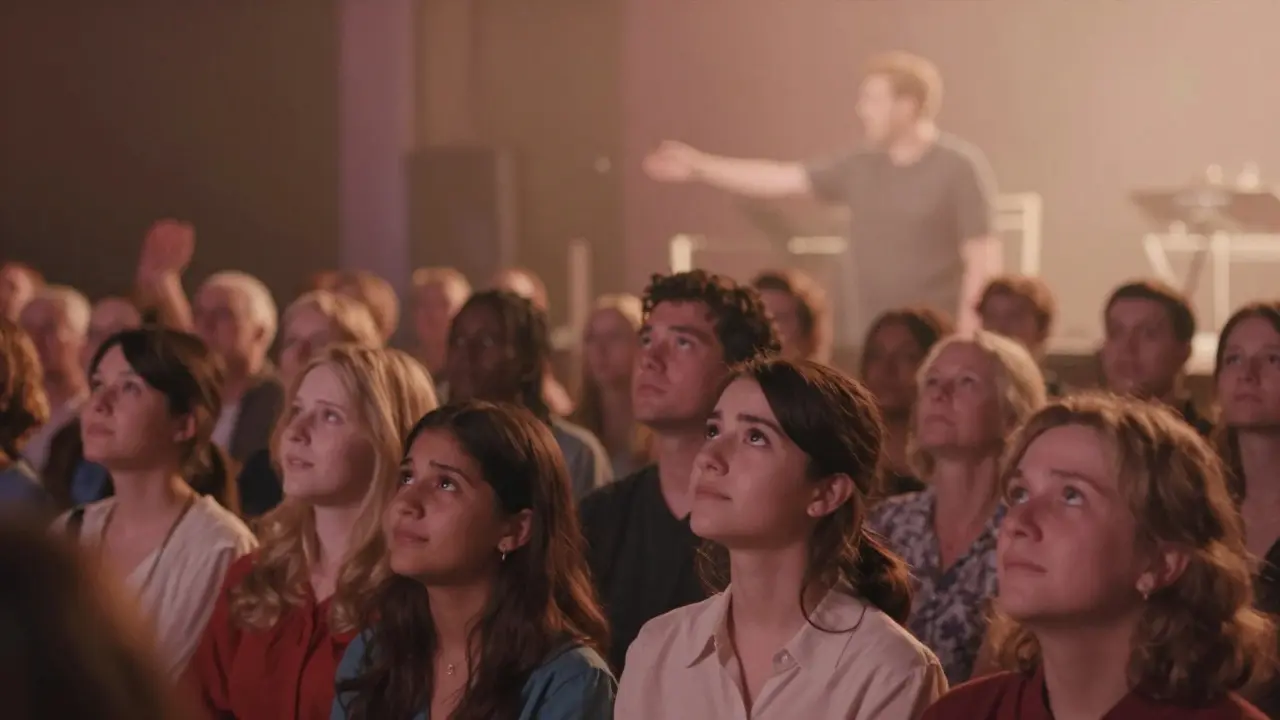 Diverse crowd of fans looking emotionally engaged at a live music performance.