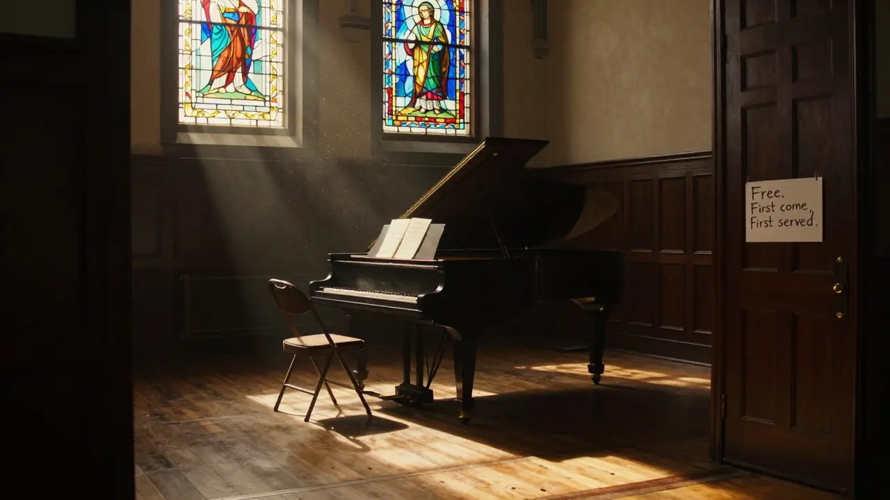 Empty historic Masonic Hall with sunlight on an old piano and a handwritten 'Free Entry' sign.