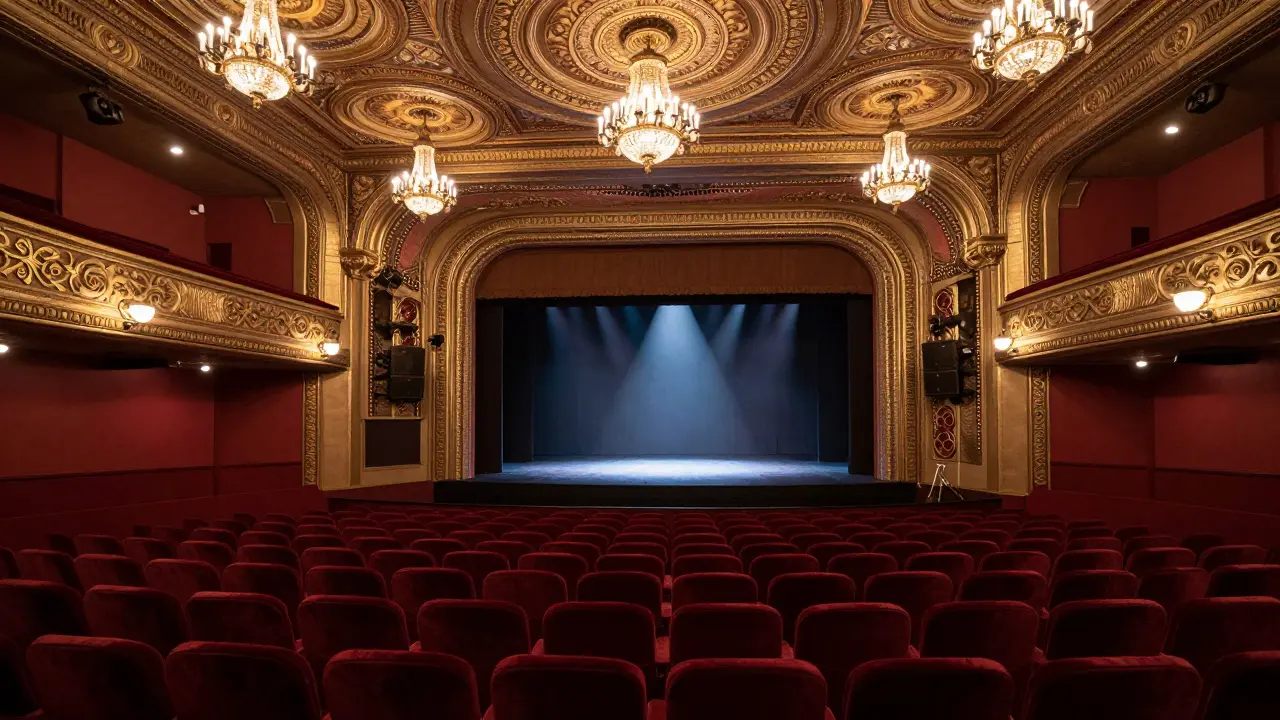 Empty red velvet seats inside historic art deco theater