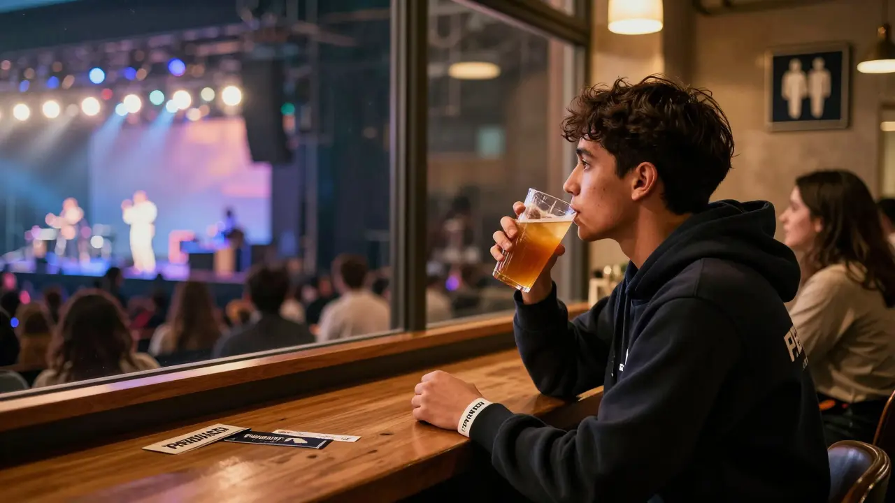 Fan in VIP lounge wearing concert hoodie, drinking and watching show through window with private amenities visible.