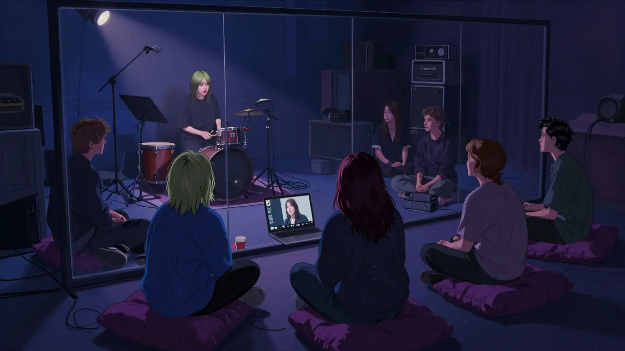 Fans quietly observe a musician rehearsing through glass during a private soundcheck with a Zoom call visible on screen.