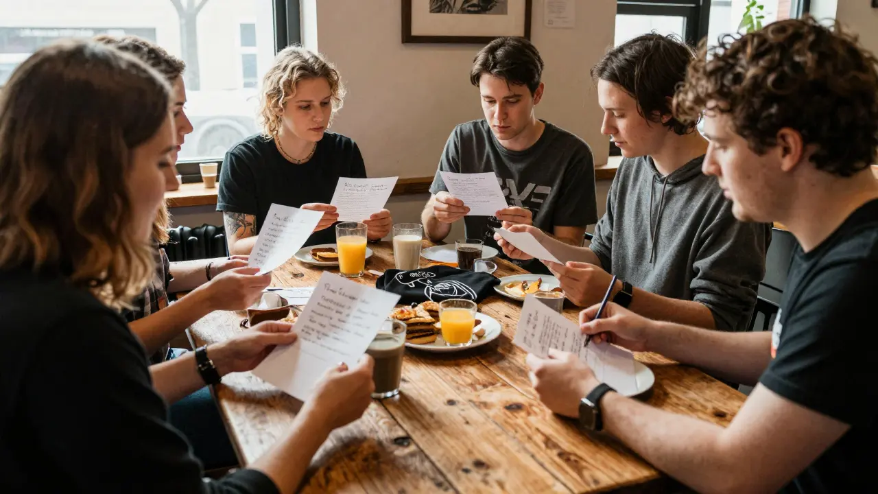 Fans share breakfast with an indie band at a rustic table, receiving handwritten notes and limited-edition tour shirts.