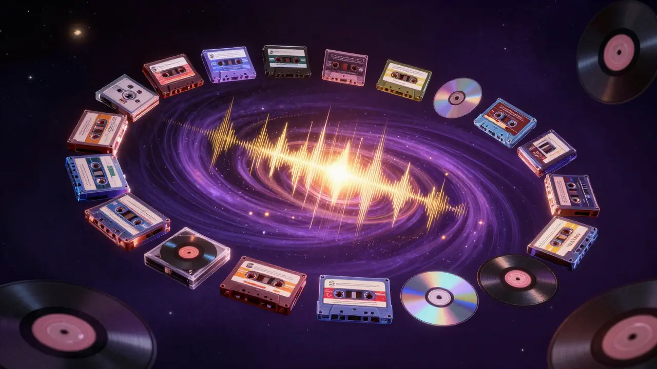 Glowing cassette tapes and vinyl records floating in space forming a spiral galaxy of sound.