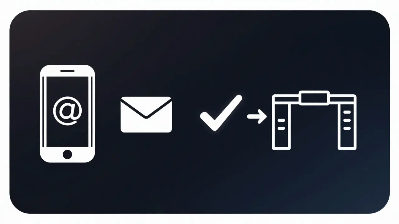 Minimalist icons showing the steps of transferring a digital concert ticket.