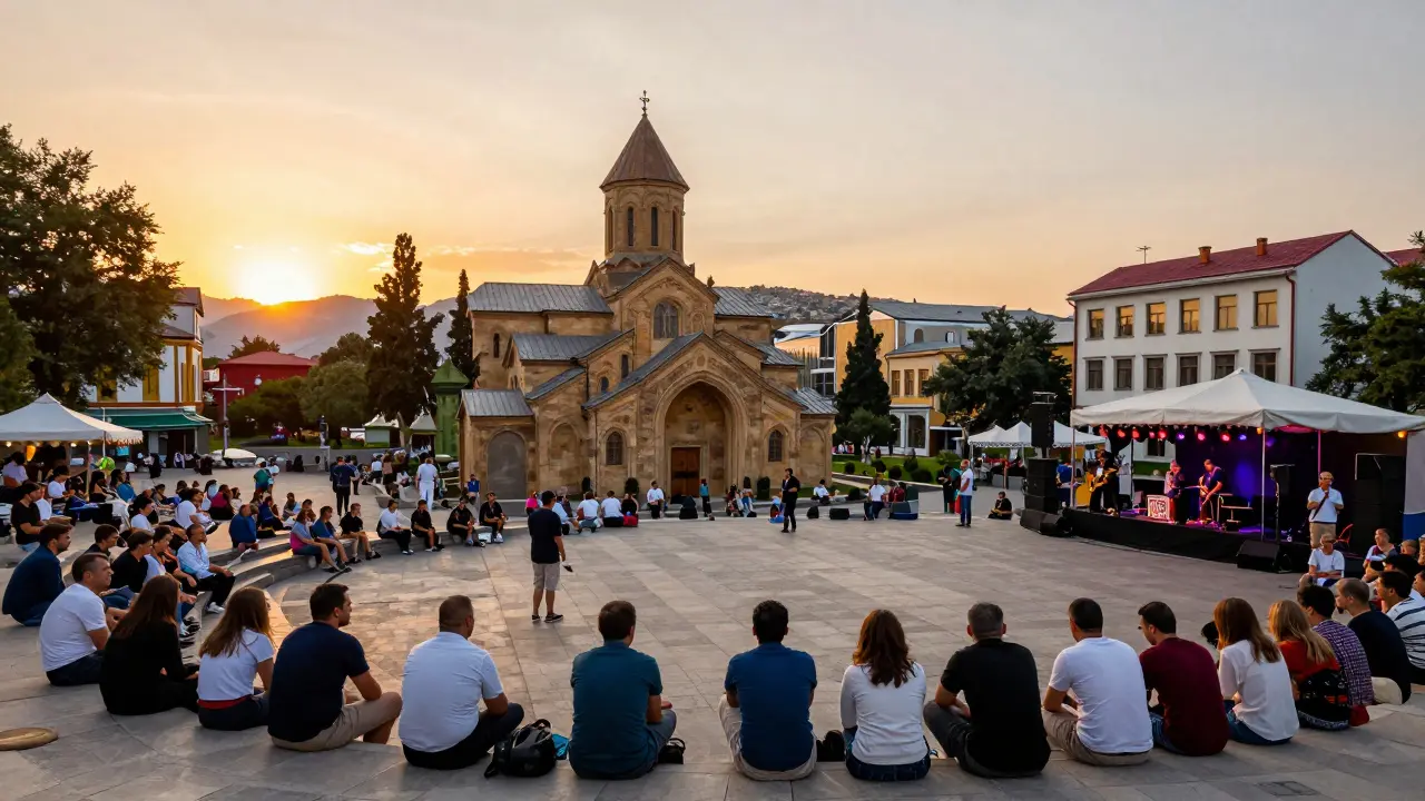 Outdoor festival crowd in historic Tbilisi square at dusk