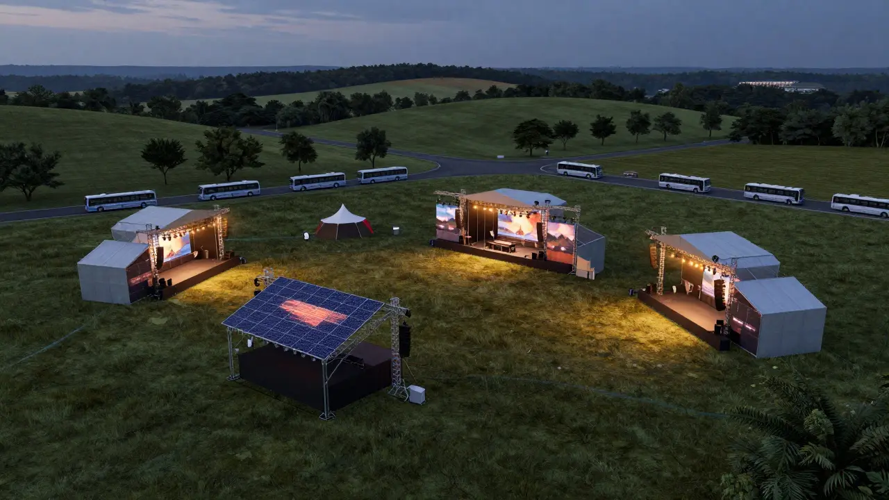 Outdoor music festival stages set on green fields