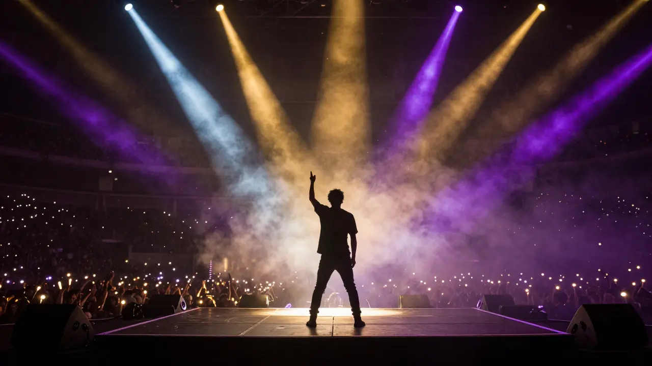 Silhouette of a performer on stage with confetti and bright lights.