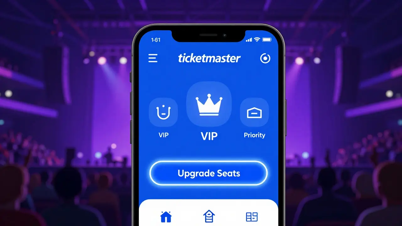 Smartphone displaying Ticketmaster upgrade options with crown icon, VIP lounge, and priority entry features.