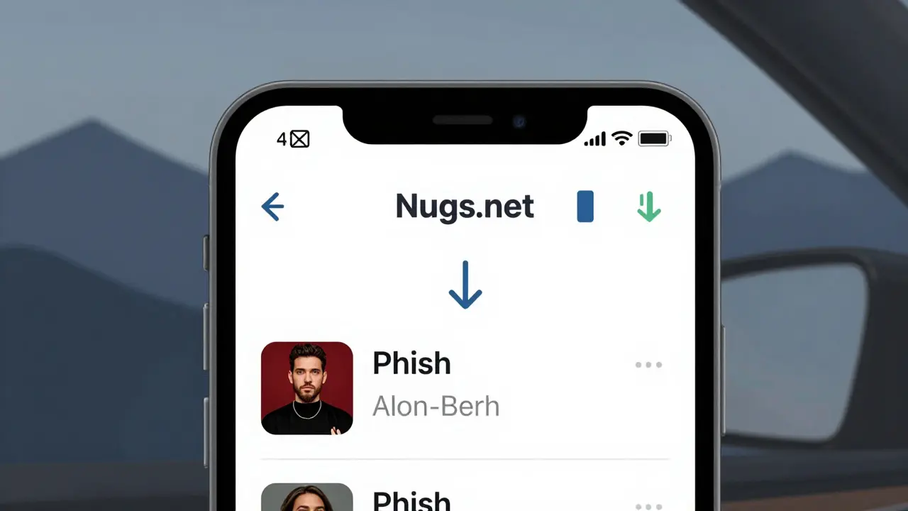 Smartphone screen showing Nugs.net app with 'Downloaded' badge and Wi-Fi signal crossed out.