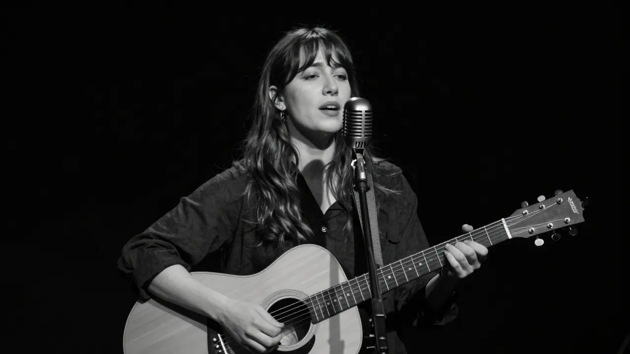 Solo singer performing an acoustic set under a single spotlight on stage.