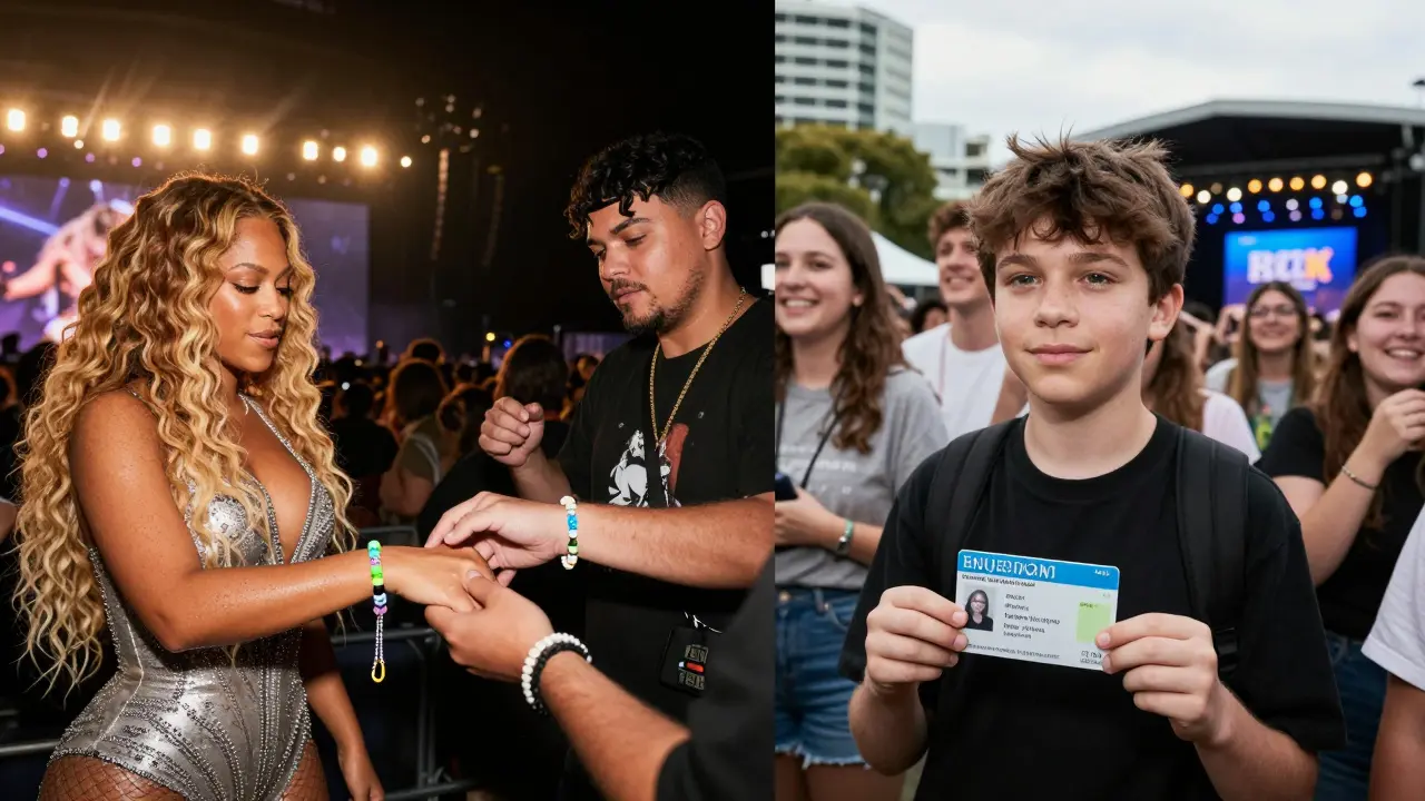 Split image: one side shows VIP concert experience, other side shows a student enjoying a free outdoor live music event.