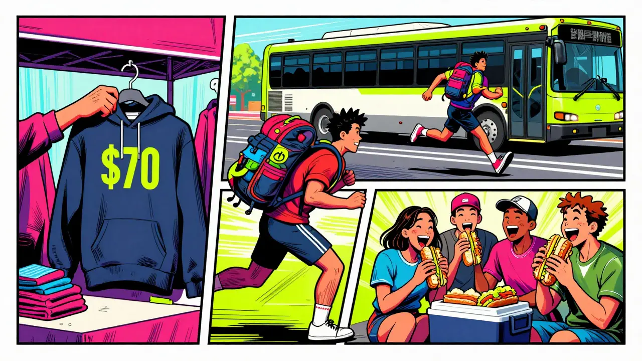 Three comic-style scenes showing merch shopping, shuttle rush, and sharing food at a festival.