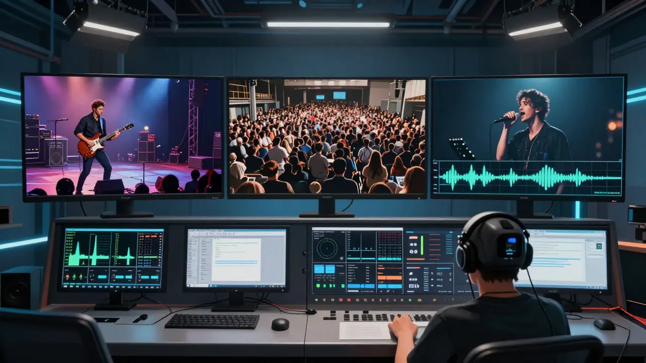 Three live camera angles of a concert displayed on a broadcast control panel with audio and latency indicators.