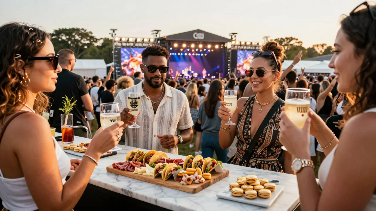 VIP concertgoers sampling artisanal snacks and drinks at a festival lounge under colorful stage lights.