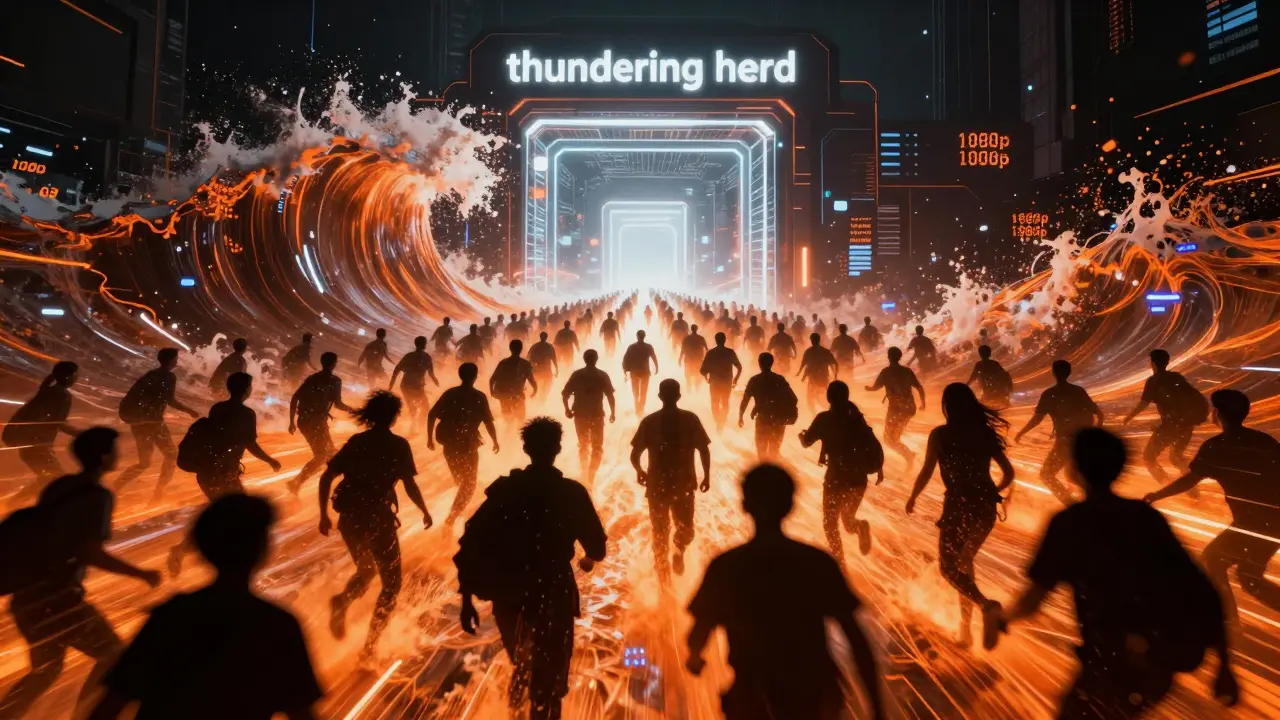 A massive wave of digital silhouettes rushing toward a glowing server gateway representing a traffic spike.