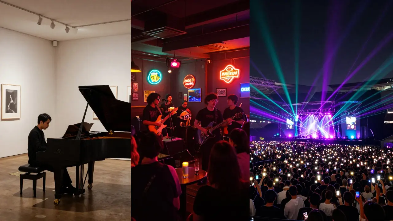 A montage showing a formal piano recital, a small pub gig, and a massive stadium concert with laser lights.