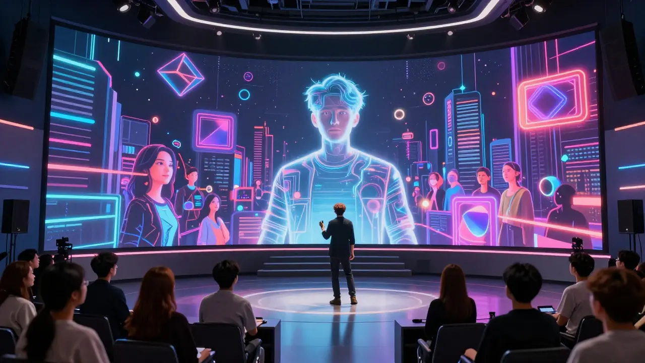 A musician performing in a studio while their holographic image appears in a futuristic digital city.