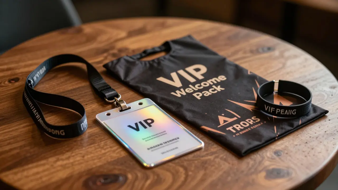 A VIP concert welcome pack featuring a luxury lanyard, wristband, and merchandise.