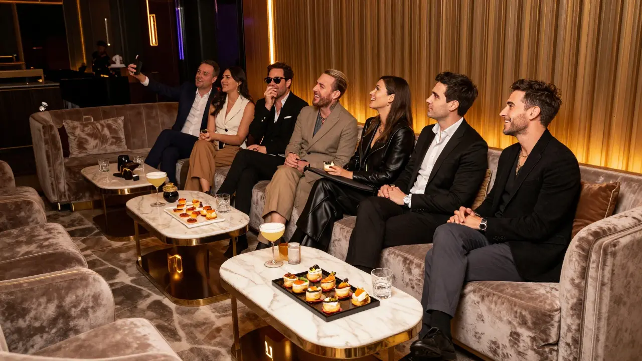 Elegant VIP concert lounge with plush seating and guests enjoying gourmet catering.