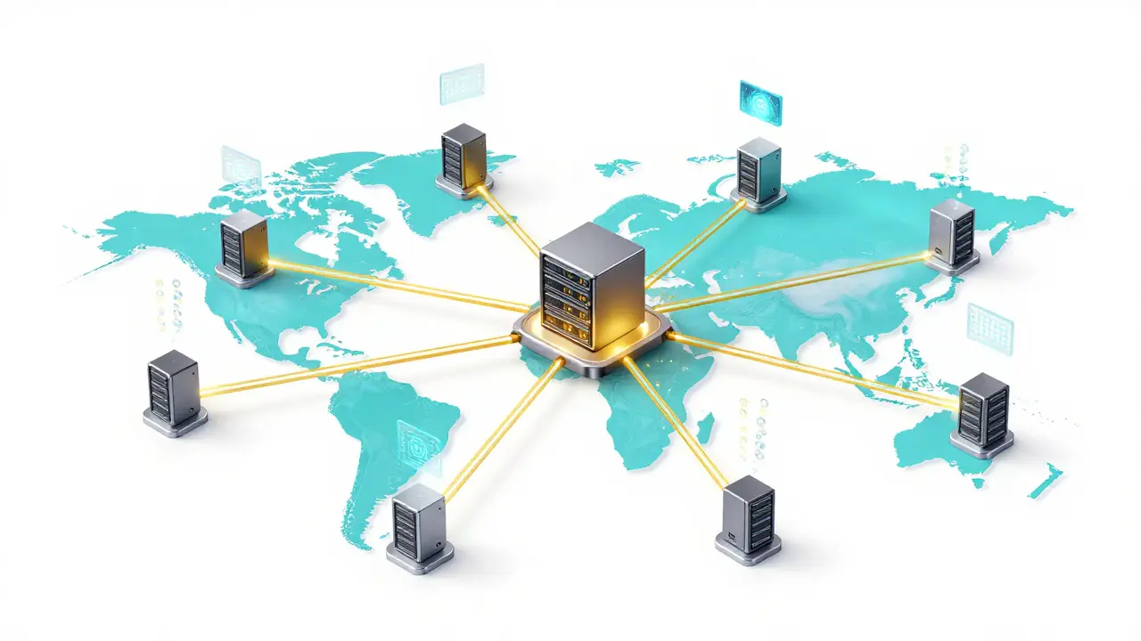 Isometric map showing a central server distributing data to global CDN nodes through pulsing light paths.
