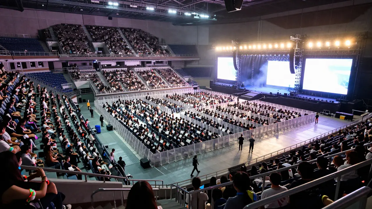 Packed modern stadium interior with security barriers and bright stage lights.