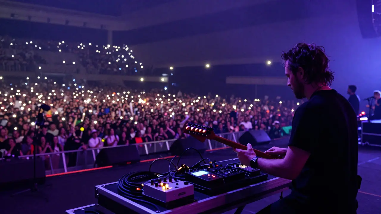Side-stage view showing musical equipment and a performer facing a glowing arena crowd.