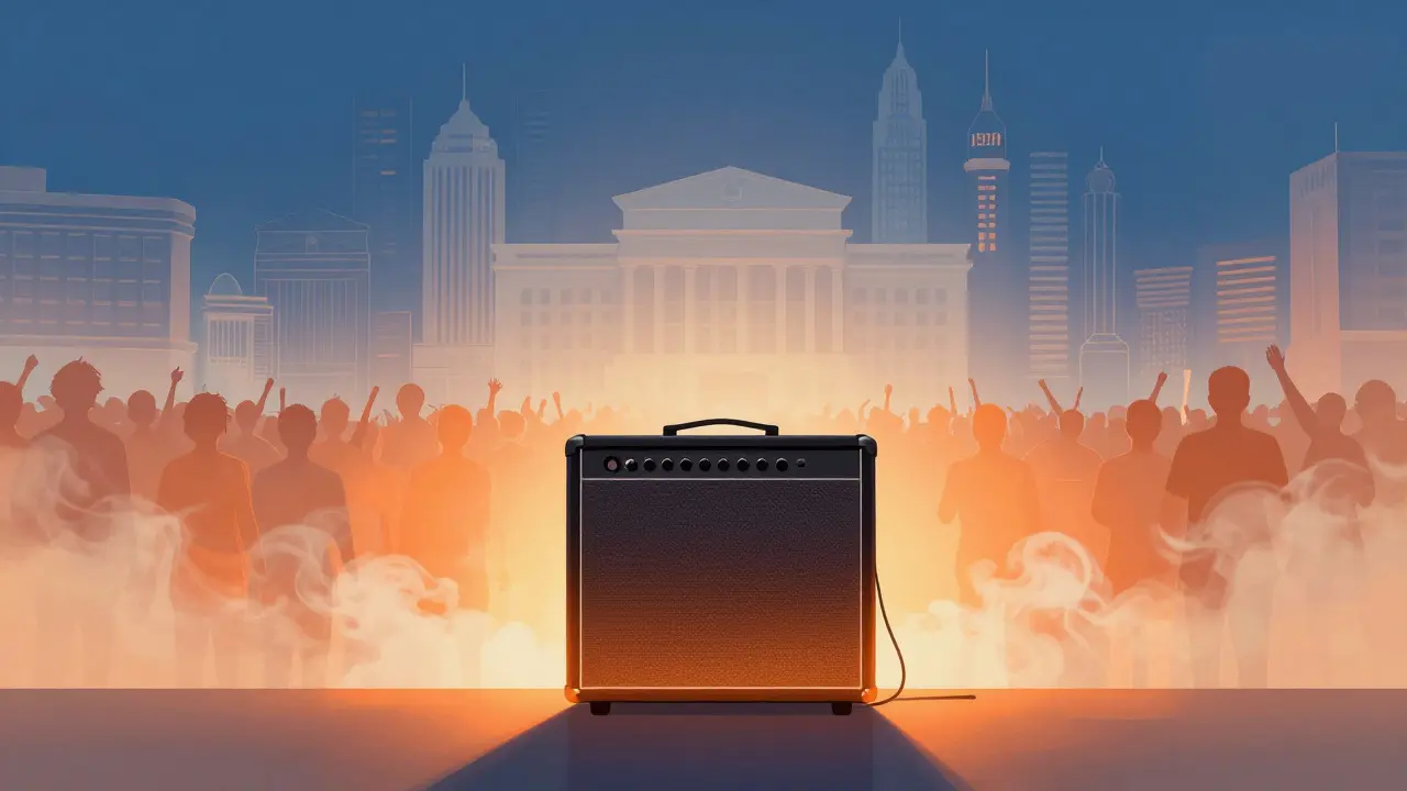 Stage lights illuminating merged Eastern and Western architectural silhouettes.